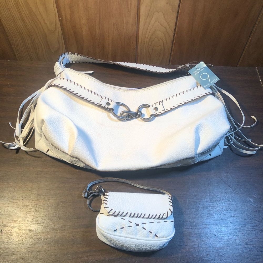 Nine West White and Brown Shoulder Bag with Fringe